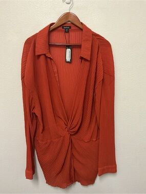 boohoo Rust Twist-Front Collared Long Sleeve Top